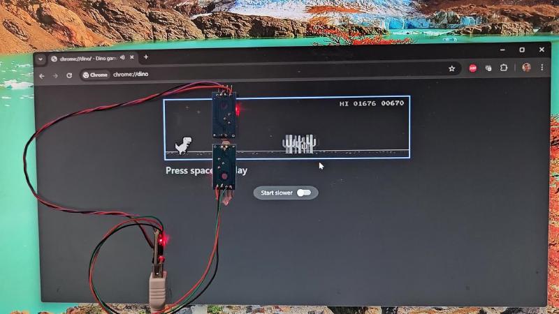 Chrome Dino gameplay frame used to align sensor position relative to obstacles