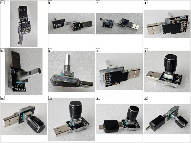 Step-by-step assembly of the DIY USB volume knob: 12 numbered photos showing progression from bare Digispark board and rotary encoder to finished USB device with knob cap