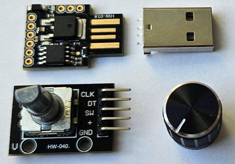 Parts required for the DIY USB volume knob: Digispark ATtiny85 board, KY-040 rotary encoder, and jumper wires