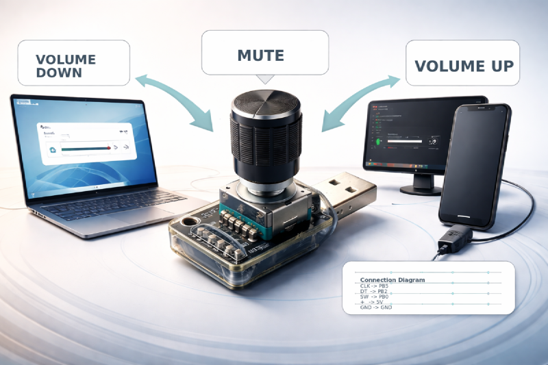 3D render of the DIY USB volume knob showing a Digispark ATtiny85 board connected to a KY-040 rotary encoder