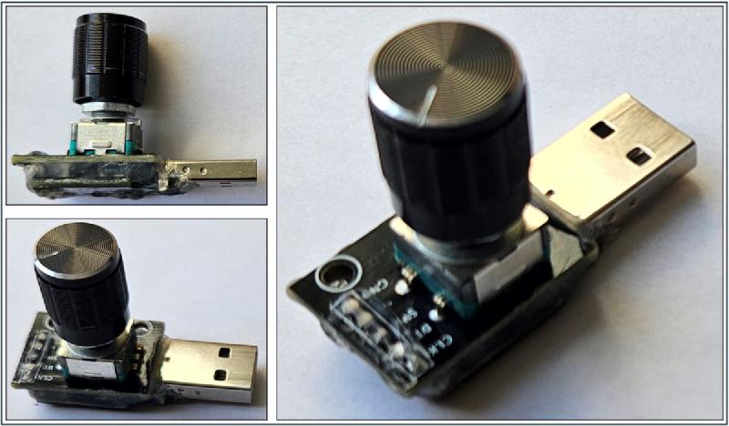 Finished DIY USB volume knob plugged into a USB port, showing the Digispark board with rotary encoder attached