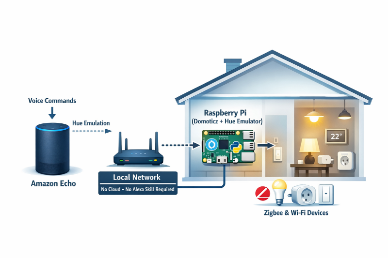 Domoticz Hue Emulator architecture: Echo -> Hue Emulator -> Domoticz -> devices (local network)