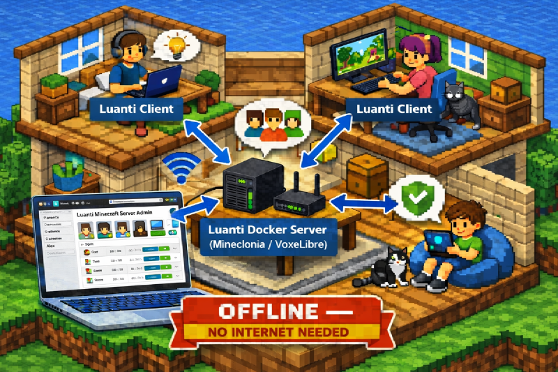 Luanti Docker game server running on a home LAN