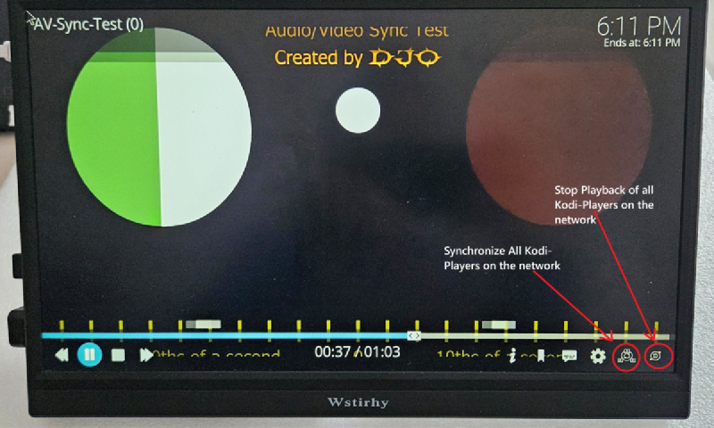 Kodi OSD showing custom Media-Mux Sync and Stop All buttons for synchronized multi-screen playback control
