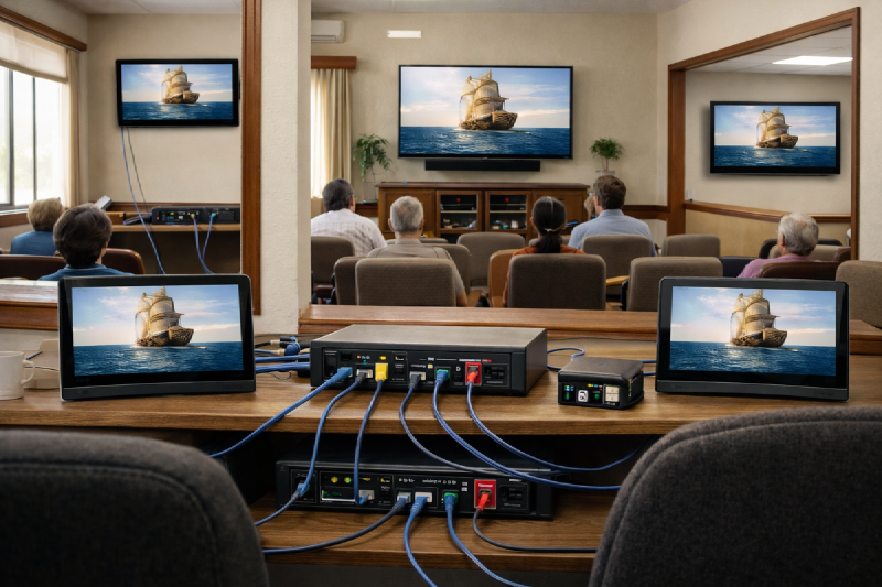 Use case diagram showing multi-room shared viewing with synchronized screens in overflow rooms