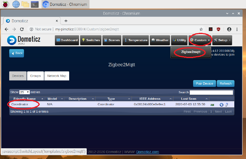 Domoticz dashboard showing CC2531 coordinator