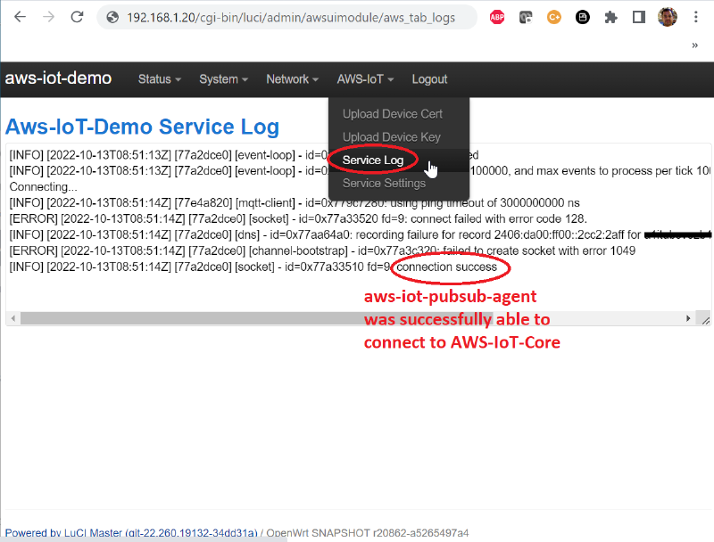 Service log showing connection success