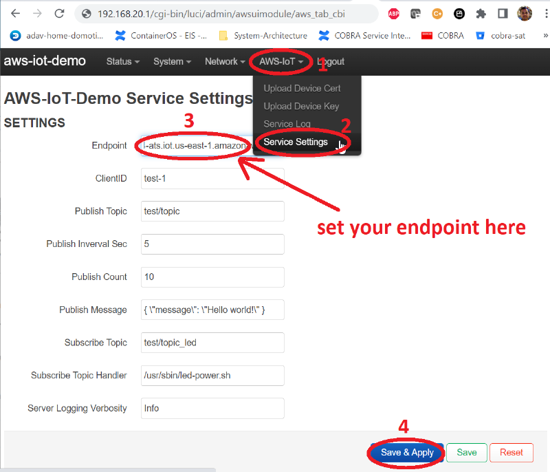 AWS IoT service settings page