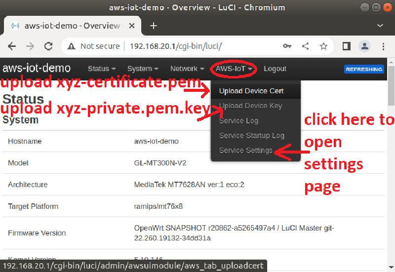 Certificate and key upload page