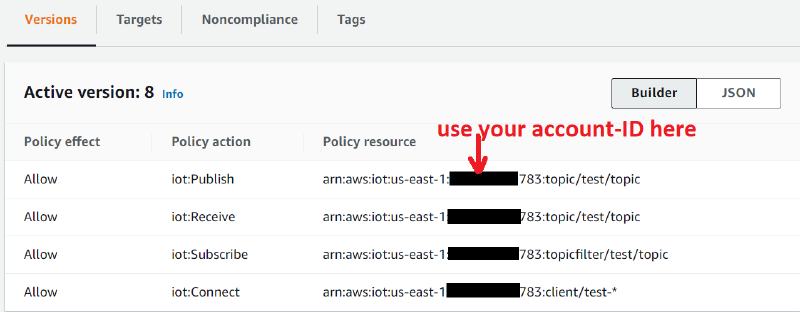 AWS IoT security policy configuration