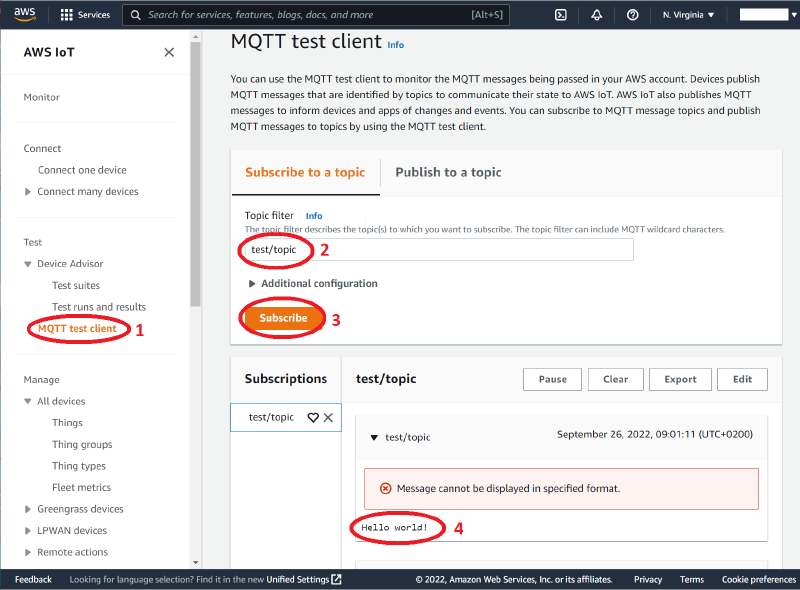 AWS IoT Core showing Hello World messages from Raspberry Pi