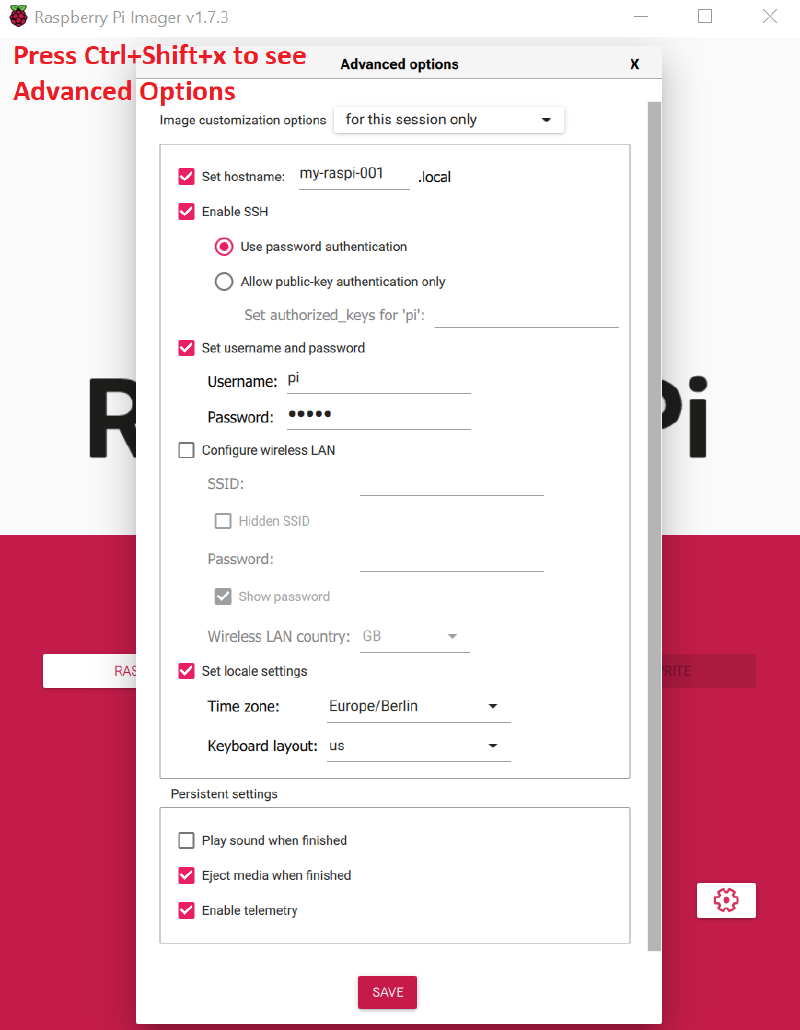 Raspberry Pi Imager advanced options