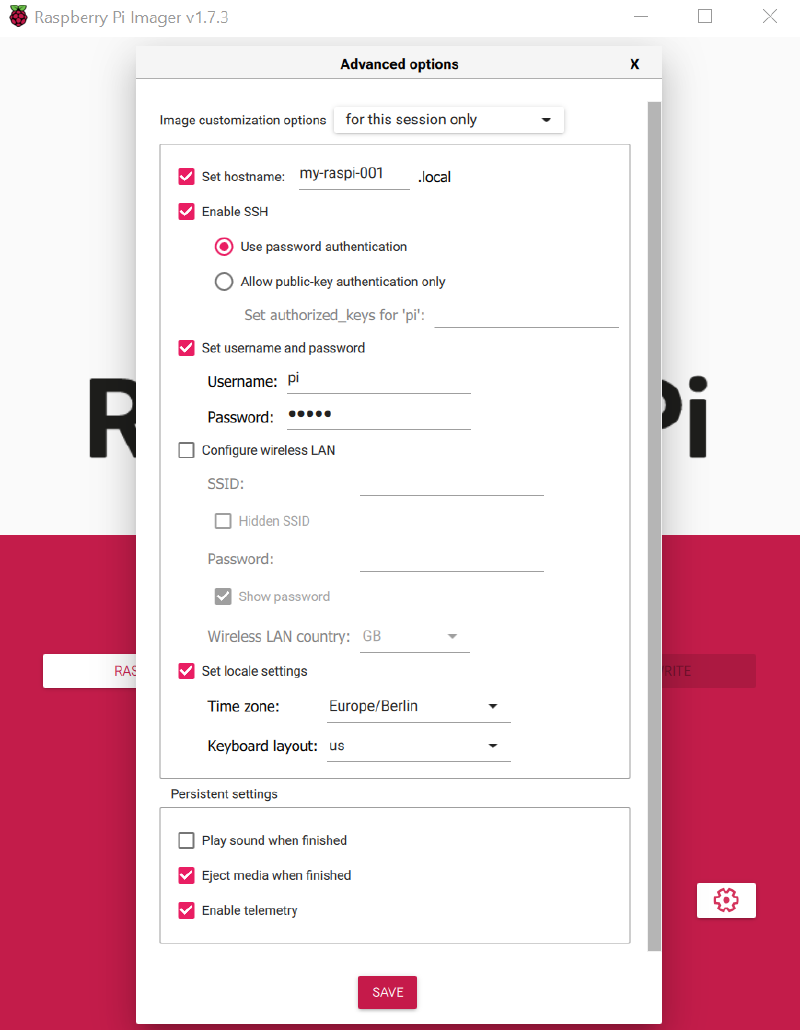 Raspberry Pi Imager advanced options dialog