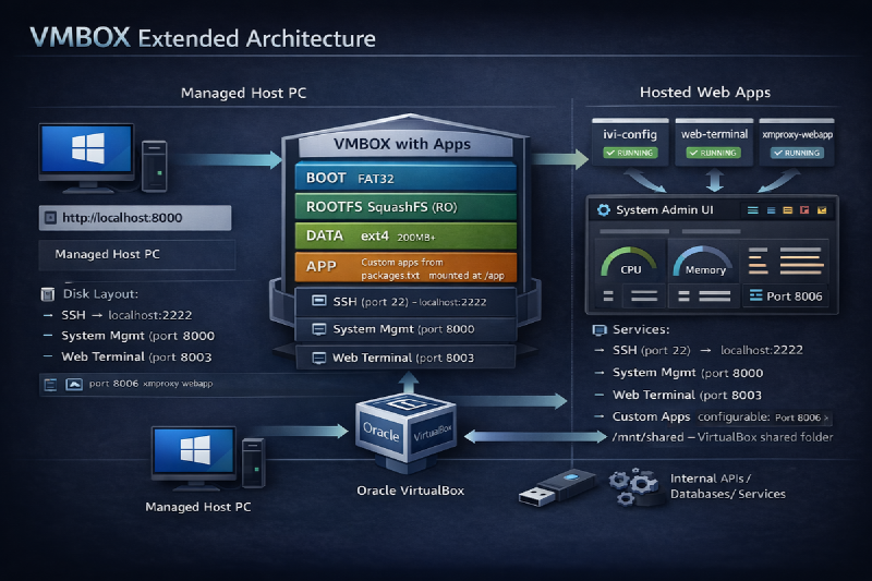VMBOX system architecture showing 4-partition layout: BOOT, ROOTFS, DATA, and APP partitions with OverlayFS merge